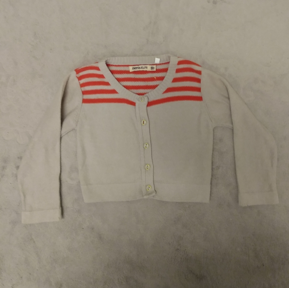 IMPS & ELFS gray and red unisex button down organic cotton cardigan 3y